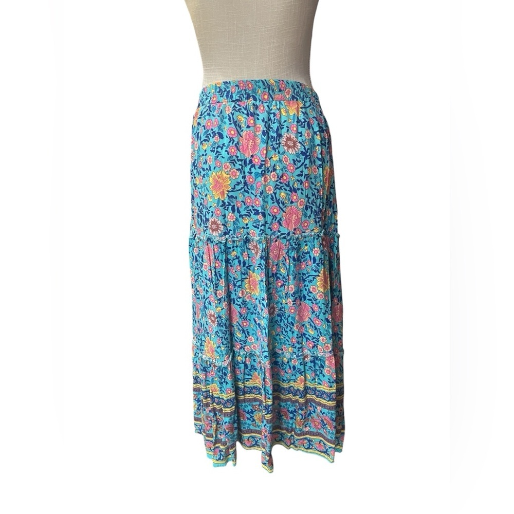 Hibluco Blue Multicolor Floral Midi A-Line Swing Skirt Women’s XL Boho Peasant